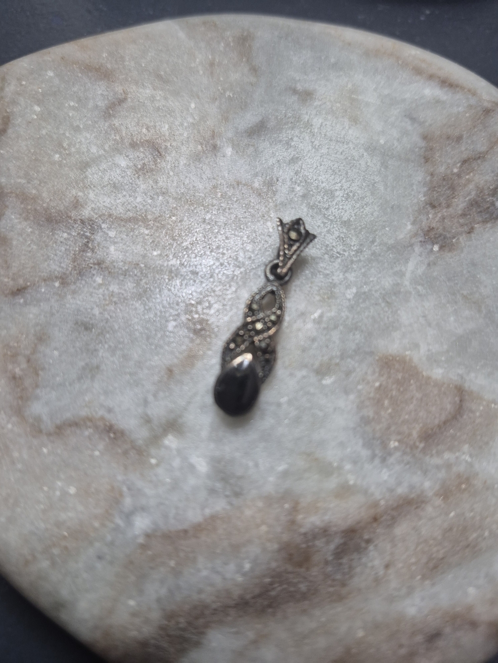 Vintage Marcasite and Onyx Sterling Silver Pendant
